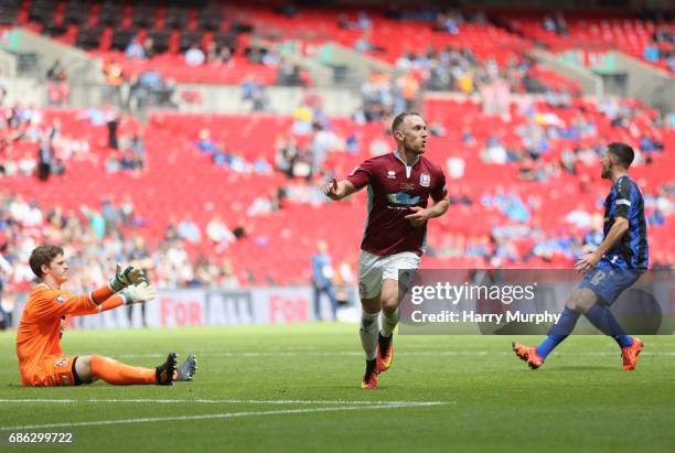 David Foley of South Shields celebrates scoring his teams third goal during the Buildbase FA Vase Final between South Shields and Cleethorpes Town at...