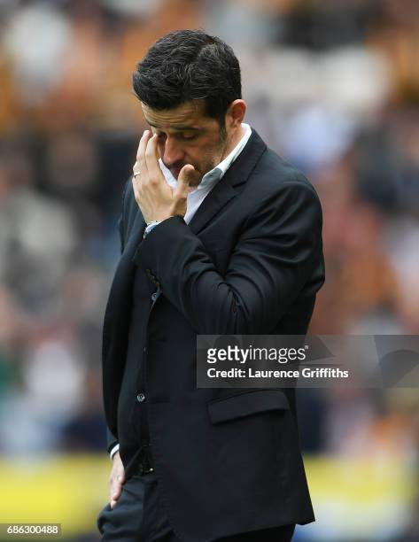 Marco Silva, Manager of Hull City reacts during the Premier League match between Hull City and Tottenham Hotspur at the KC Stadium on May 21, 2017 in...