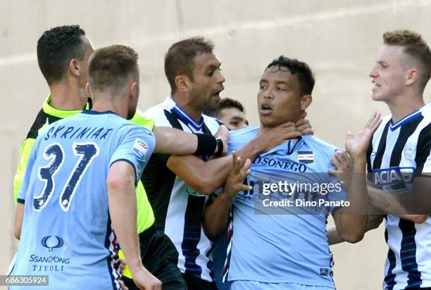 Brawl between Danilo Larangeira of Udinese Calcio and Luis Fernando Muriel of UC Sampdoria after the muriel's goal during the Serie A match between...