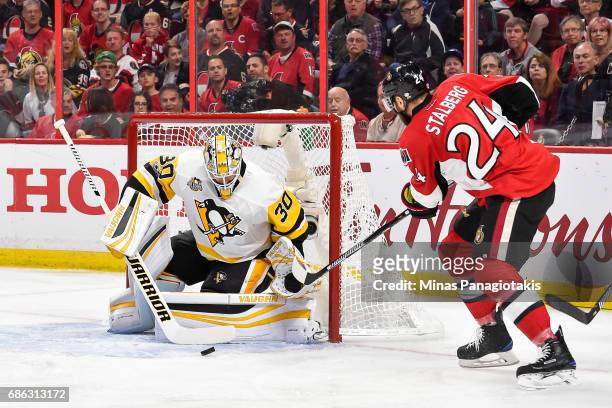 Goaltender Matt Murray of the Pittsburgh Penguins stops a shot by Viktor Stalberg of the Ottawa Senators in Game Four of the Eastern Conference Final...