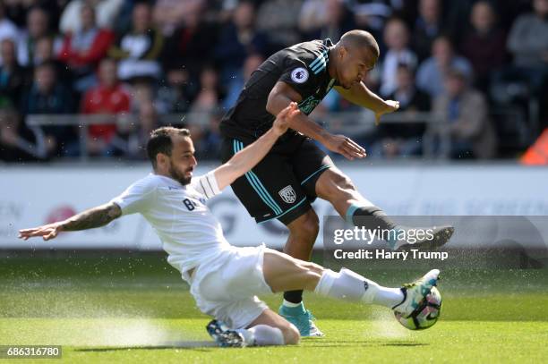 Jose Salomon Rondon of West Bromwich Albion shoots as Leon Britton of Swansea City attempts to block during the Premier League match between Swansea...