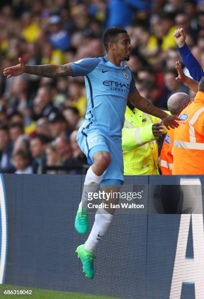 Gabriel Jesus of Manchester City celebrates scoring his sides fifth goal during the Premier League match between Watford and Manchester City at...