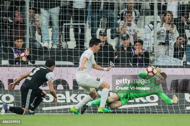 Adriano Correia Claro of Besiktas JK , Andre de Castro Pereira of Kasimasa AS, goalkeeper Fabricio Martin Agosto Ramirez of Besiktas JKduring the...