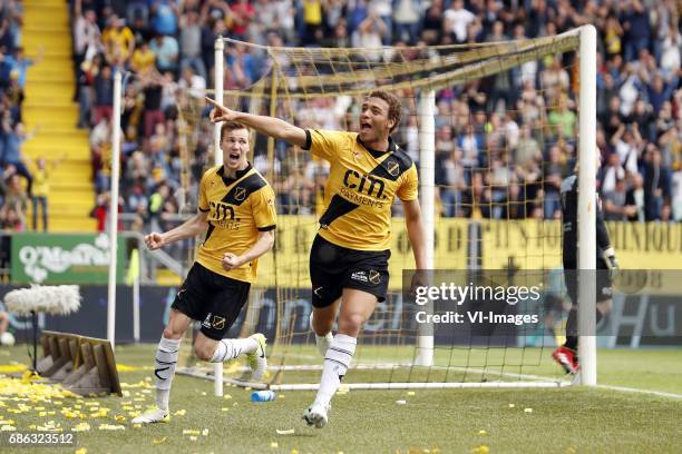 Arno Verschueren of NAC Breda, Cyriel Dessers of NAC Breda, goalkeeper Hobie Verhulst of FC Volendamduring the Dutch Jupiler League play-offs match...