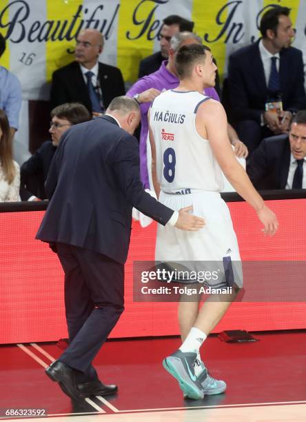 Pablo Laso, Head Coach of Real Madrid and Jonas Maciulis, #8 of Real Madrid during Third Place Game 2017 Turkish Airlines EuroLeague Final Four...