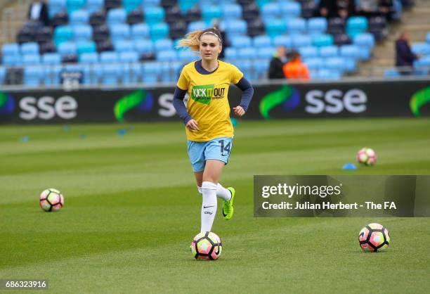 Melisa Lawley Manchester City Women warms up in A Kick It Out shirt before the WSL Spring Series Match between Manchester City Women and Yeovil Town...