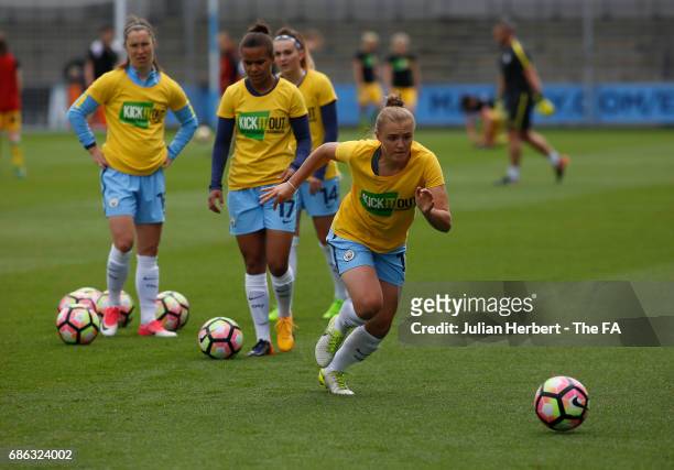 Manchester City Women players warm up in A Kick It Out shirt before the WSL Spring Series Match between Manchester City Women and Yeovil Town Ladies...