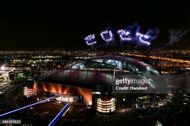 In this handout image supplied by Qatar 2022, Fireworks over Khalifa International Stadium during the official opening ceremony of Khalifa...