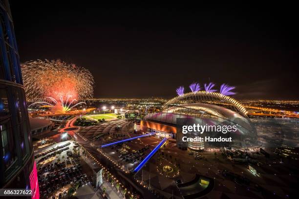 In this handout image supplied by Qatar 2022, Fireworks over Khalifa International Stadium during the official opening ceremony of Khalifa...