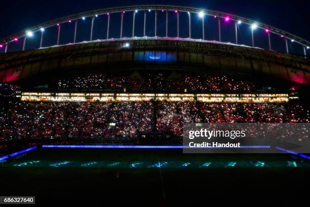 In this handout image supplied by Qatar 2022, A general view during the official opening ceremony of Khalifa International Stadium on May 19, 2017 in...