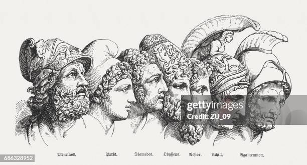 heroes of the trojan war, greek mythology, published in 1880 - achilles stock illustrations