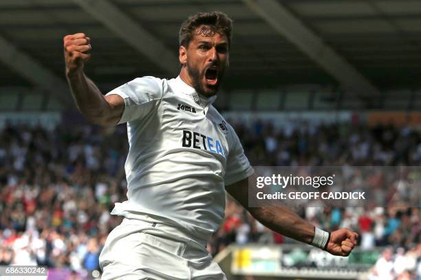 Swansea City's Spanish striker Fernando Llorente celebrates after scoring their second goal during the English Premier League football match between...