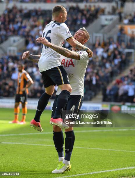 Toby Alderweireld of Tottenham Hotspur celebrates scoring his sides seventh goal with Kieran Trippier of Tottenham Hotspur during the Premier League...