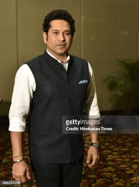 Former Indian cricketer Sachin Tendulkar poses during an exclusive interview with Hindustan Times for the promotion of upcoming movie "Sachin: A...