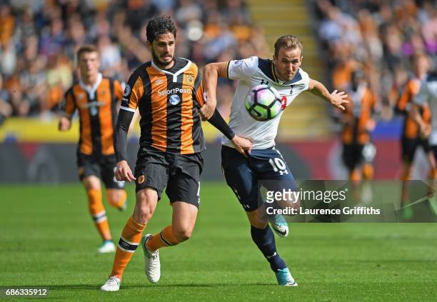 Andrea Ranocchia of Hull City and Harry Kane of Tottenham Hotspur battle for the ball during the Premier League match between Hull City and Tottenham...