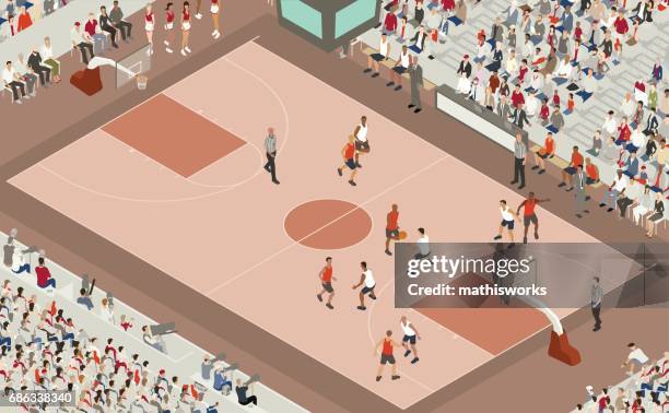 ilustraciones, imágenes clip art, dibujos animados e iconos de stock de ilustración juego baloncesto - cancha de baloncesto