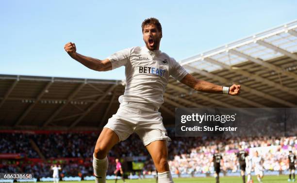 Swansea player Fernando Llorente celebrates his and the winning goal during the Premier League match between Swansea City and West Bromwich Albion at...