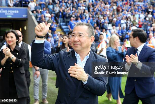 May 21: Chairman Vichai Srivaddhanaprabha of Leicester City acknowledges the fans during a lap of the pitch after the Premier League match between...