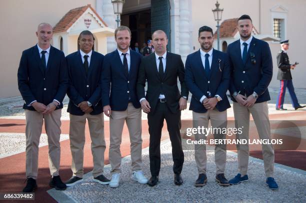 Monaco's Italian defender Andrea Raggi, Monaco's French forward Kylian Mbappe, Monaco's French forward Valere Germain, Monaco's Portuguese coach...