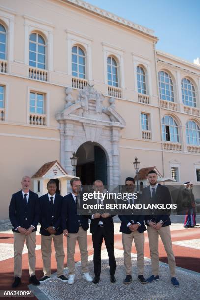 Monaco's Italian defender Andrea Raggi, Monaco's French forward Kylian Mbappe, Monaco's French forward Valere Germain, Monaco's Portuguese coach...