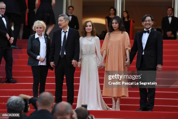 Director Hong SangSoo, Isabelle Huppert, Kim Minheet and Jeong Jinyoung of 'Claire's Camera ' walk the red carpet ahead of the "The Meyerowitz...