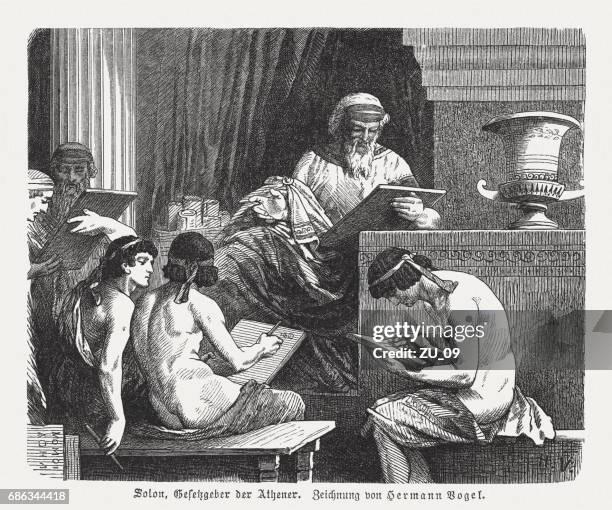 solon - lawmaker in ancient athens, wood engraving, published 1880 - ancient writing stock illustrations