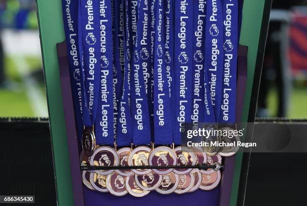 The Premier League winners medals are seen after the Premier League match between Chelsea and Sunderland at Stamford Bridge on May 21, 2017 in...