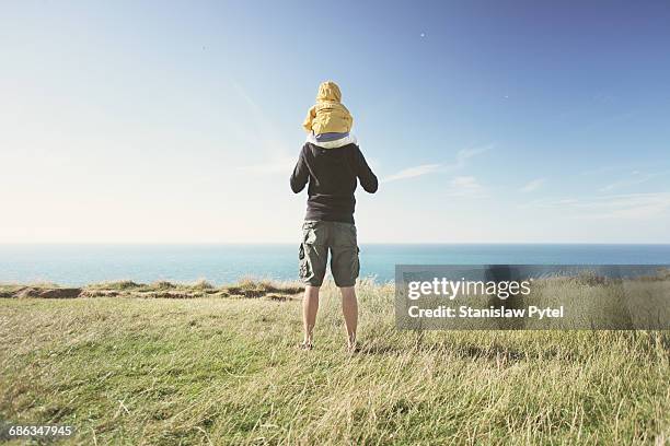 father piggybacking kid near ocean - back view bildbanksfoton och bilder