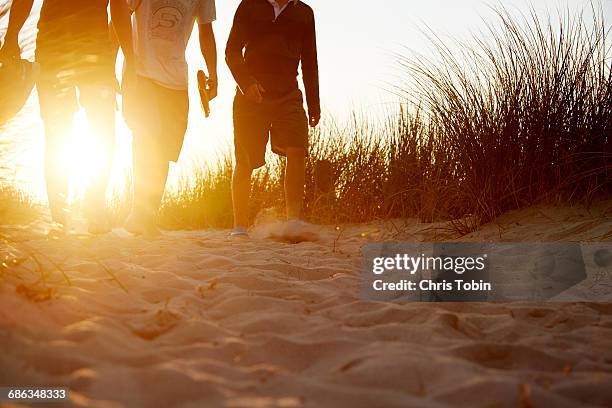 people walking in sandy dunes at sunset - partie dune série photos et images de collection