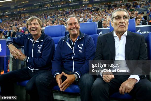 Assistant coach Hubert Neu, head coach Huub Stevens and former manager Rudi Assauer are seen during the 20 years of Eurofighter match between...