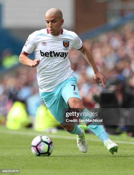 Sofiane Feghouli of West Ham United controls the ball during the Premier League match between Burnley and West Ham United at Turf Moor on May 21,...