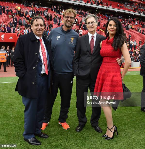 Tom Werner Chairman of Liverpool poses with Jurgen Klopp manager of Liverpool and John W Henry Principal owner with wife Linda Pizzuti at the end of...