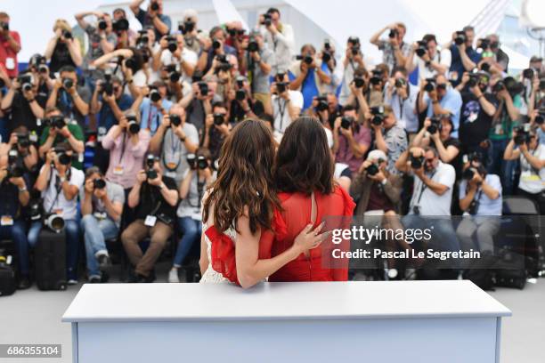 Actresses Stacy Martin and Berenice Bejo attend the "Redoubtable " photocall during the 70th annual Cannes Film Festival at Palais des Festivals on...