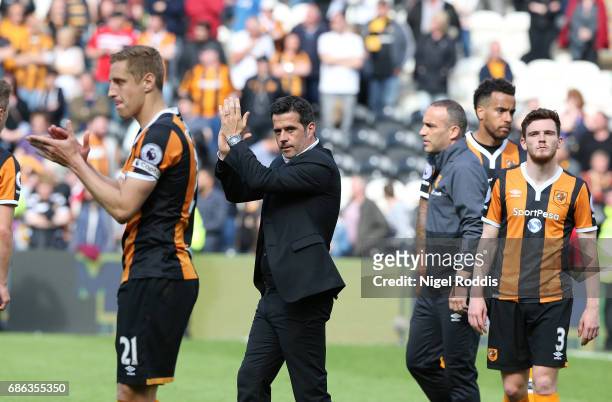 Marco Silva manager of Hull City reacts with his players after the Premier League match between Hull City and Tottenham Hotspur at KC Stadium on May...
