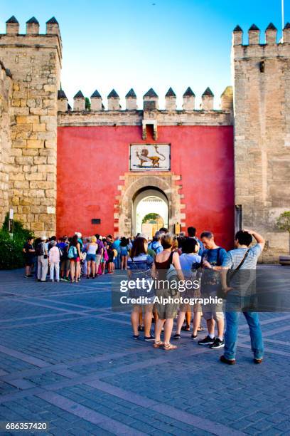 crest op de buitenmuur van het kasteel van alcazar in sevilla - koninklijk paleis van sevilla stockfoto's en -beelden