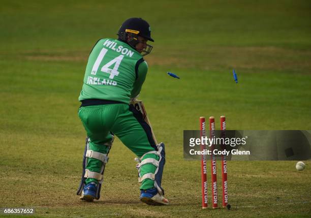 Dublin , Ireland - 21 May 2017; Gary Wilson of Ireland is bowled by Matt Henry of New Zealand during the One Day International match between Ireland...