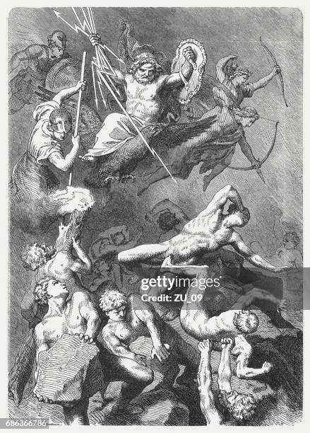 battle of the gods against the titans, greek mythology - zeus stock illustrations