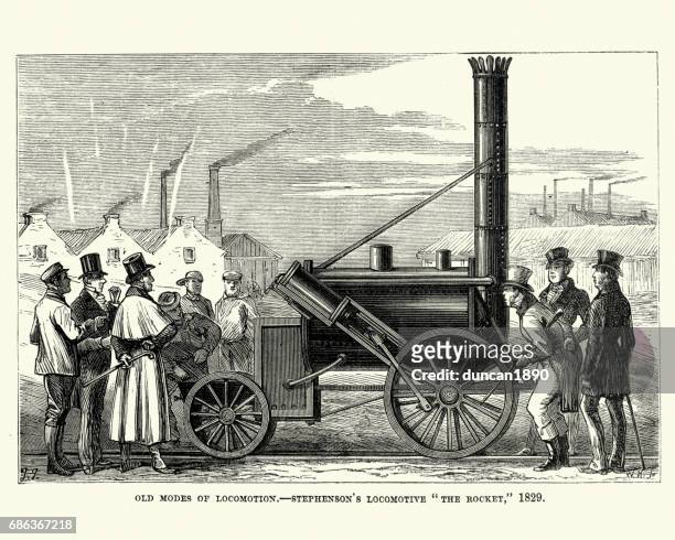 stephenson's locomotive, the rocket, 1829 - locomotive stock illustrations