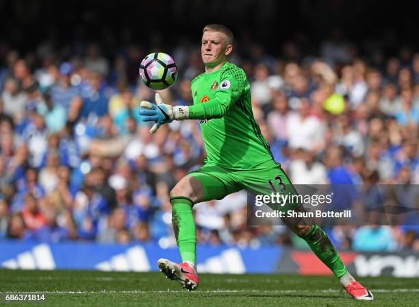 Jordan Pickford of Sunderland in action during the Premier League match between Chelsea and Sunderland at Stamford Bridge on May 21, 2017 in London,...