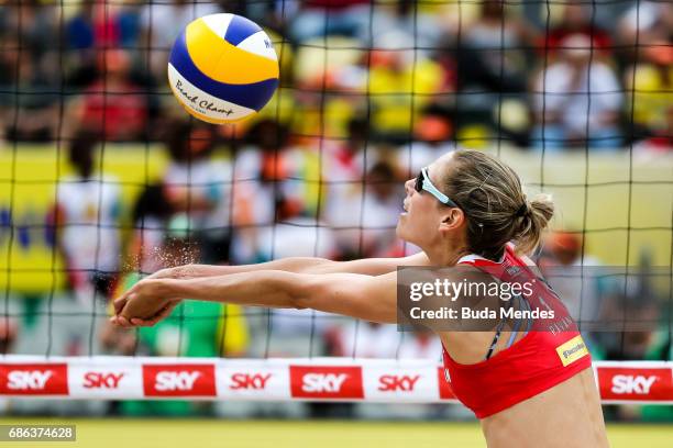 Sarah Pavan of Canada in action during the Women's Finals match against Agatha Bednarczuk and Eduarda Santos Lisboa of Brazil of Brazil at Olympic...