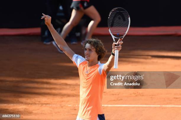 Alexander Zverev of Germany celebrates after winning the Men's Single Final match against Novak Djokovic of Serbia during day eight of The...