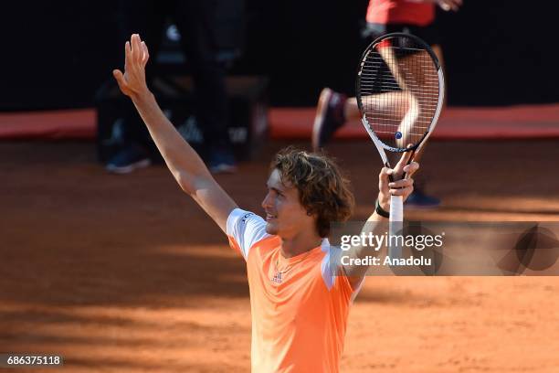 Alexander Zverev of Germany celebrates after winning the Men's Single Final match against Novak Djokovic of Serbia during day eight of The...