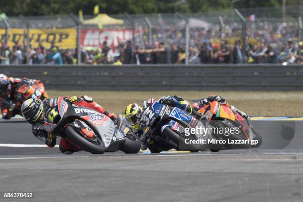 Sandro Cortese of Germany and Dynavolt Intact GP leads the field during the Moto2 race during the MotoGp of France - Race on May 21, 2017 in Le Mans,...