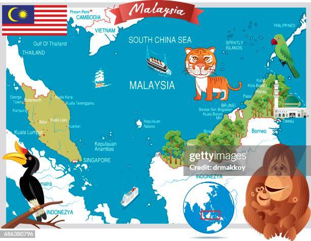 malaysia cartoon map - sabah flag stock illustrations