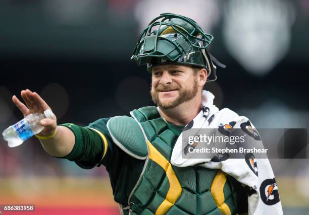 Catcher Stephen Vogt of the Oakland Athletics waves to fan before a game against the Seattle Mariners at Safeco Field on May 17, 2017 in Seattle,...