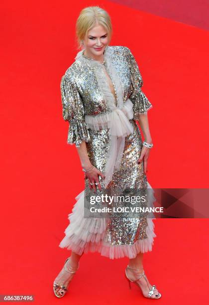 Australian actress Nicole Kidman leaves the festival Palace on May 21, 2017 following the screening of the film 'How to talk to Girls at Parties' at...