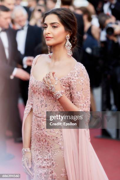 Sonam Kapoor attends the "The Meyerowitz Stories" screening during the 70th annual Cannes Film Festival at Palais des Festivals on May 21, 2017 in...