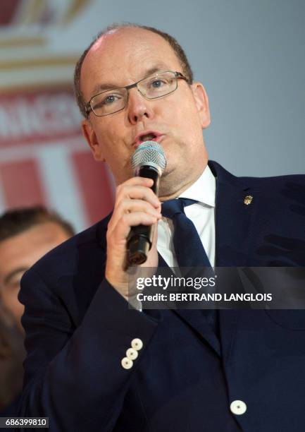 Prince Albert II of Monaco speaks on May 21, 2017 in Monaco, during a celebration to mark the club winning their first French Ligue 1 title in 17...