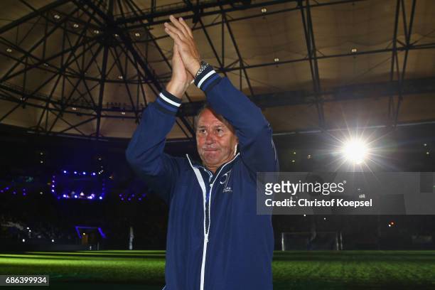 Head coach Huub Stevens of Schalke does a lap of honour after the 20 years of Eurofighter match between Eurofighter and Friends and Euro All Stars at...