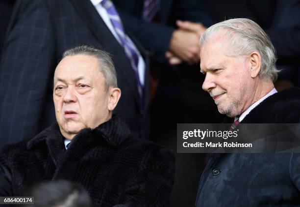 West Ham United owners David Sullivan and David Gold look on prior to the Premier League match between Burnley and West Ham United at Turf Moor on...